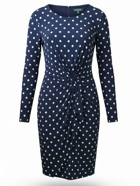 LAUREN RALPH LAUREN | Navy Blue Polka Dot‎ Twist Front Dress Long Sleeve | 16